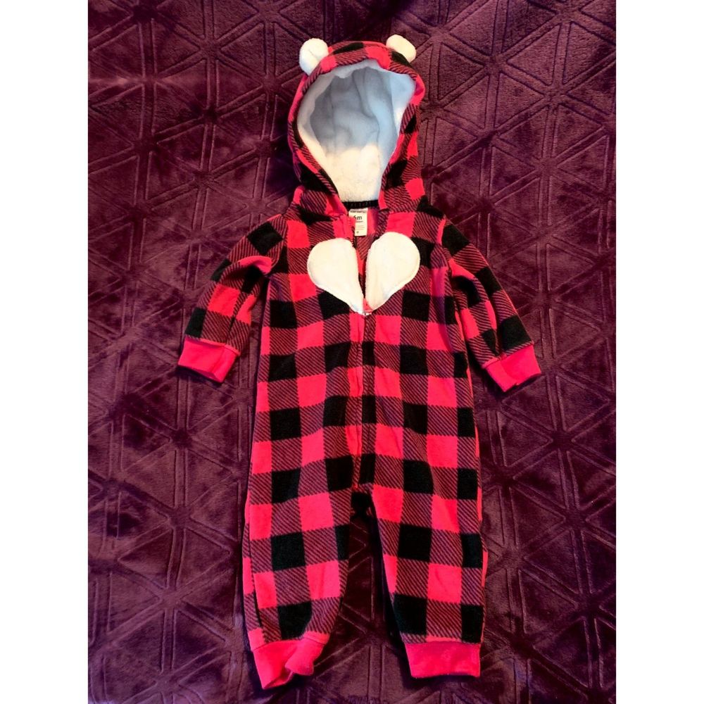 Carter's 6 months girls fleece zip bodysuit hooded pink gingham, heart SOFT WARM
